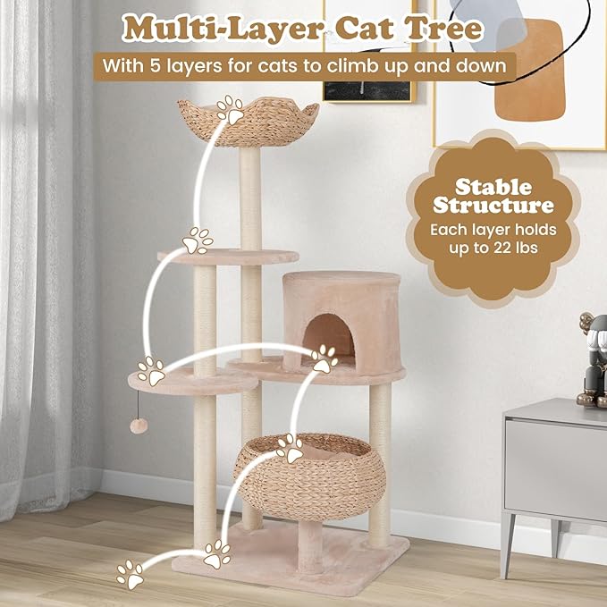 Tangkula Modern Cat Tree, 58 Inch Cat Tower with Sisal Scratching Posts, Condo, Cattail Plush Perch, Basket Cat Bed, Dangling Ball, Removable & Washable Cushions, Aesthetic Cat Tree for Indoor Cats