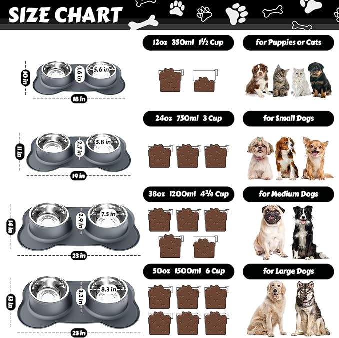 AsFrost Dog Food Bowls, BPA Free Stainless Steel Dog Food and Water Bowl Set, 2 Large Dog Bowls with No Spill Non-Skid Silicone Mat, Dog Dishes for Medium Large Sized Dogs Pet Bowls, 6 Cup, Grey