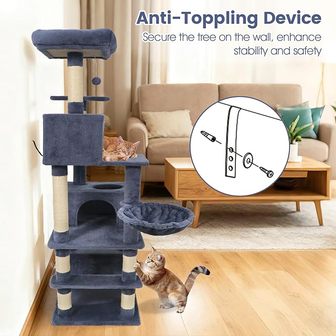 Tangkula 66 Inch Tall Cat Tree, Multi-Level Cat Tower with Sisal Scratching Posts, 2 Condos, Plush Perch, Hammock, Basket, Dangling Toys, Cat Climbing Furniture for Indoor Cats (Dark Gray)
