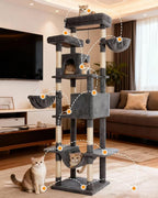 Cat Tree, 81-Inch Tall Cat Tower with Scratching Post, Plush Multi-Level Cat Condo with 2 Perches, 2 Caves, 2 Basket, Hammock for Indoor Cats Grey
