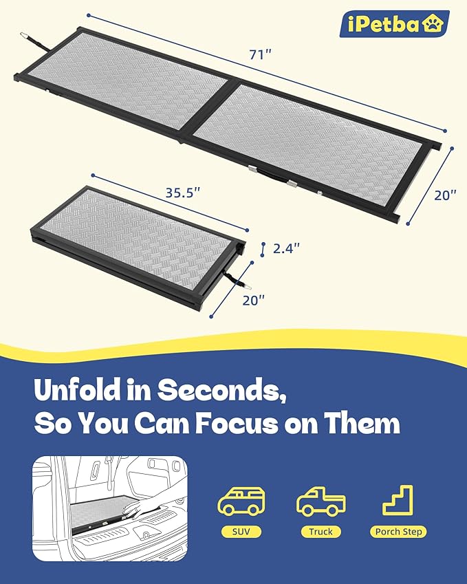 XLarge Dog Ramp for Car, SUV & Truck – Joint & Spine Relief, Anti-Slip Surface, Heavy-Duty, Stable, Up to 200 lbs