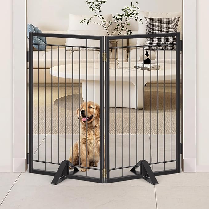 Metal Free Standing Dog Gate with Cat Door for Indoor/Outdoor,40" Extra Wide Foldable Pet Gate,36" Tall Puppy Fence for Large Openings Stairs,Deck,Yard,Doorways(2 Panels,Black)