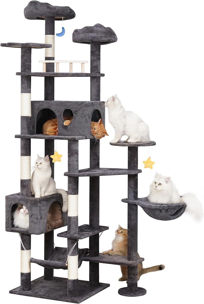 79in Giant Cat Tree for Heavy Duty Big Cats, Large Cat Trees with Scratching Post, Cat Tree Tower with Cat Condos, Hammock & Plush Perch for Maine Coon, Smoky Gray