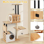 PETSITE 56 Inch Wood Cat Tree, Multi-Level Cat Tower with Sisal Scratching Posts, Dual Cat Condos, Removable Sisal Mats, and Hanging Balls with Bell, Modern Cat Tree Tower for Indoor Cats, Kittens
