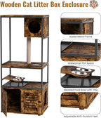 Lamerge Cat Tree with Litter Box Enclosure, All-in-1 Large Cat Litter Box Enclosure, Cat Condo with Scratching Posts and Cat Feeding Bowl, Rustic Brown