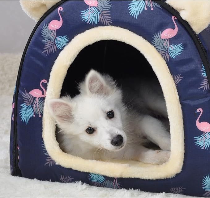 Dog Bed or Cat Bed,2 Ways to Use,Indoor Pet House with Fluffy Mat,Removable and Washable Cover,Splash-Proof House and Non-Slip Bottom,for Cats and Small Dogs(M Flamingo)