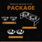 Elevated Dog Bowls for Medium Dogs – 5.5” Acrylic Raised Pet Feeder Stand with 2 Stainless Steel & 2 Glass Removable Bowls – Food & Water Dish Set