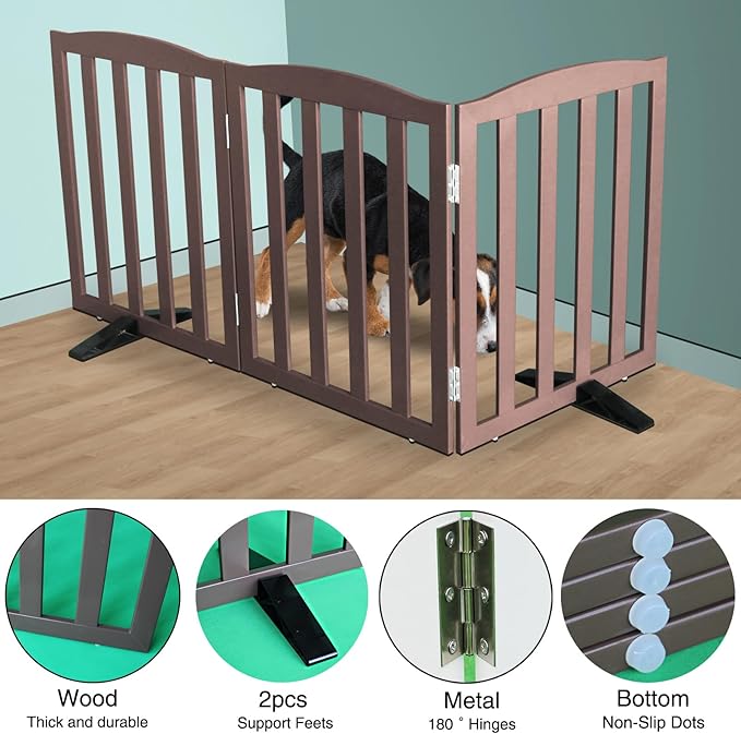 Freestanding Dog Gate Indoor,Doggie Gate Foldable Pet Gates for Doorways,Stairs or Hallways, Wooden Brown Pet Gate for the House, Pet Fence with Support Feet Included,24 "Height-3 Panels
