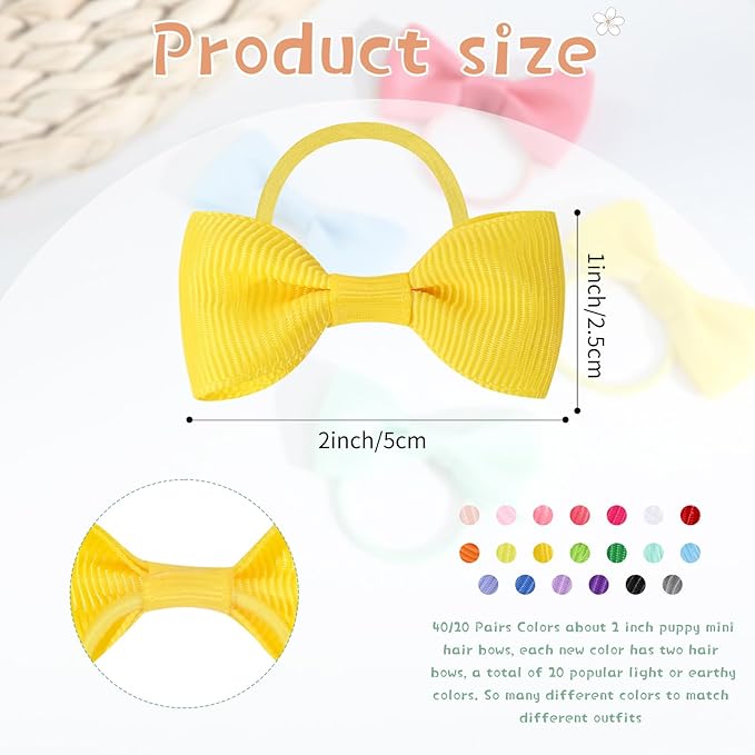 40PCS (20 Pairs) Dog Hair Bows with Rubber Bands, Puppy Dog Bows for Small Size Dog Girls, Mix Colors Dog Hair Ties, Dog Hair Accessories Girl for Daily Use Birthday(Type A)