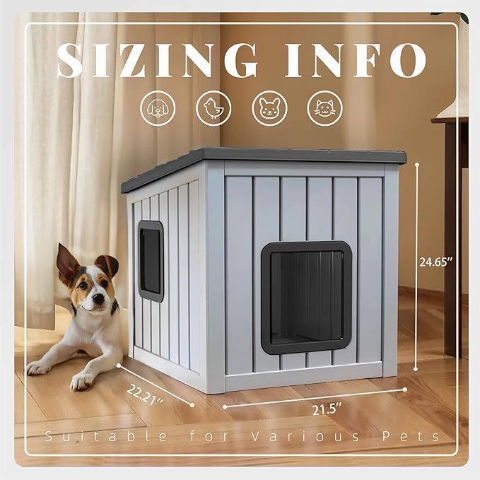 DRATO Outdoor Dog House Indoor and Outdoor with Sloped Roof Resin Material Weatherproof Roof Removable Floors for Small to Middle Sized Dogs Easy to Assemble (Gray, 24.65 * 21.5 * 22.21)