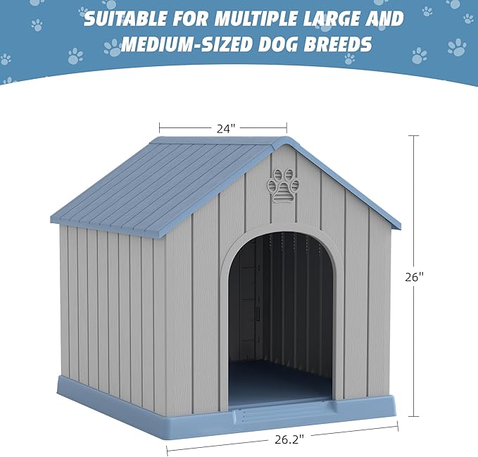 Fancyango Dog House Outdoor Indoor, Weatherproof Dog House with Elevated Floor and Air Vents for Small to Medium Dogs,Easy Clean and Assemble (Blue1, 26.18''L × 24.02''W × 25.98''H)