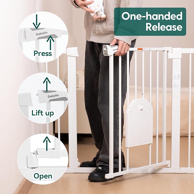 Babelio 36" Tall Auto Close Baby Gate with Small Cat Door, 29-43" Metal Cat Gate for Doorway, Stairs, House. Easy Walk Thru Dog Gate with pet Door, Includes 4 Wall Cups and 3 Extension Pieces, White