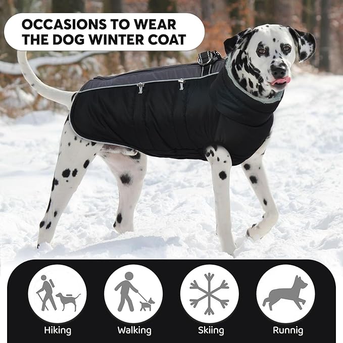 IDOMIK Warm Dog Coat with Harness, Waterproof Reflective Dog Jackets for Small Medium Large Dogs, Fleece High Collar Winter Jacket with Zipper, Pet Winter Snowsuit Clothes for Cold Weather,Black M