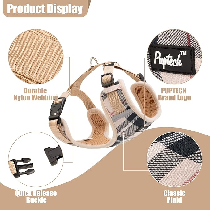 PUPTECK Small Dog Harness and Leash Set, No Pull Adjustable Puppy Cat Harness, Reflective Soft Mesh Pet Vest Small Sized, Beige Plaid, M