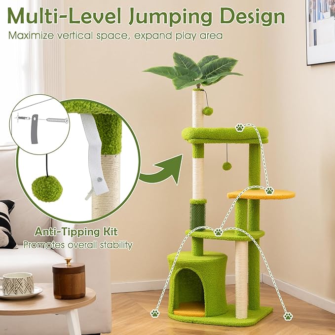 Tangkula Palm Cute Cat Tree, Cat Tower with Sisal Scratching Posts, Padded Top Perch, Condo, Self Groomer, Jumping Platforms & Dangling Balls, Unique Cat Tree Tower with Green Leaves for Indoor Cats