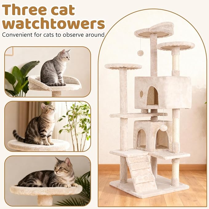 BestOffice 54 Inch Cat Tree, Multi-Level Cat Tower with Condo, Perches, Sisal Scratching Posts, Climbing Ladder,Indoor Activity Center Play House for Kittens & Adult Cats, Beige
