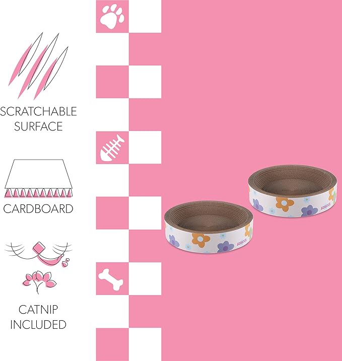 CSR1001A-SET2 Daisy 18.13" Modern Cardboard Bowl Cat Scratcher with Catnip, White/Multi (Set of 2)