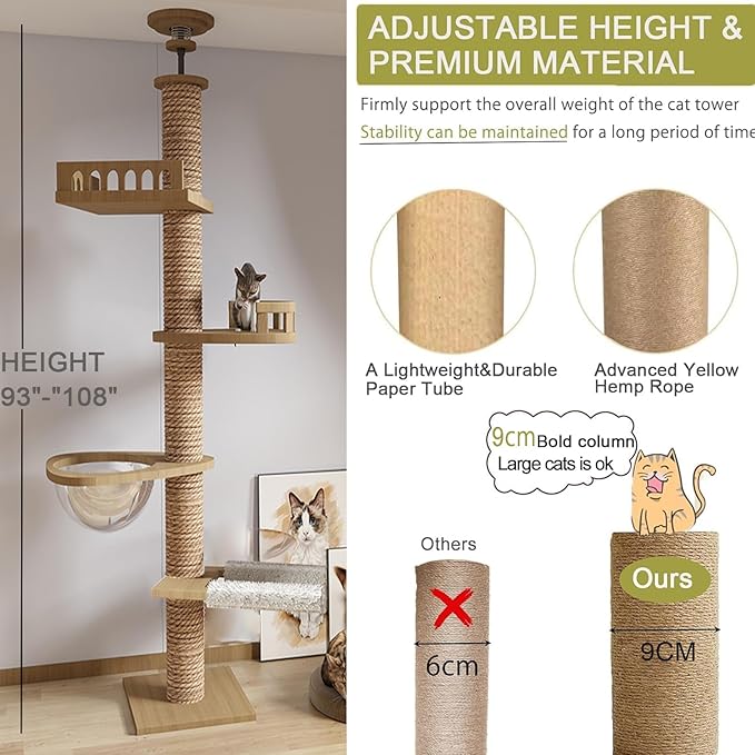 Floor to Ceiling cat Tree - Adjustable Height (95-98in,104.3-108.2in)- with Width 4.33 in Scratching Post,Cat Hammock,Fully Wrapped with sisal Rope - Floor to Ceiling Cat Tower for Indoor Cats.(T04)