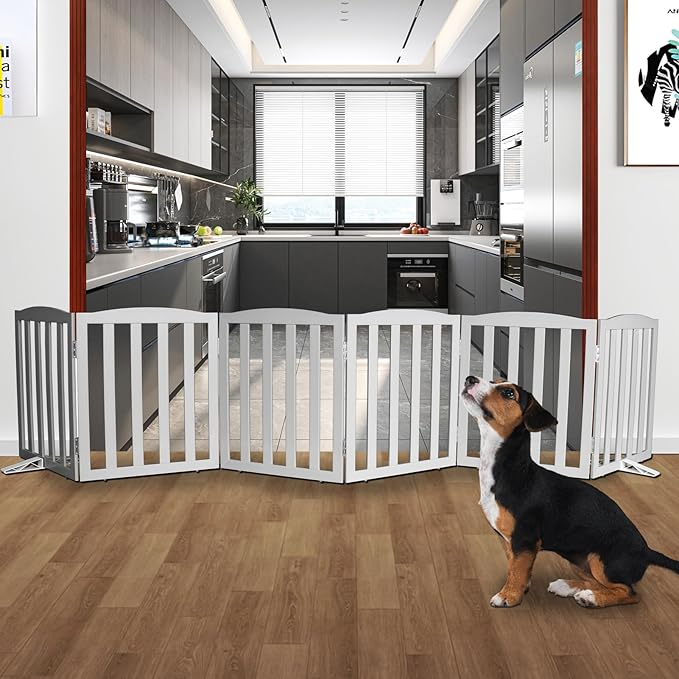 Freestanding Dog Gate Indoor,Doggie Gate Foldable Pet Gates for Doorways,Stairs or Hallways, Wooden Grey Pet Gate for the House, Pet Fence with Support Feet Included,24 "Height-6 Panels