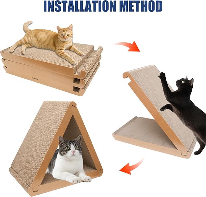 3 Pack Cardboard Cat Scratcher & Scratch Pad with Catnip, Buildable Triangle Cat House w/ 6-Sided Use, Furniture Protection for Indoor Cats