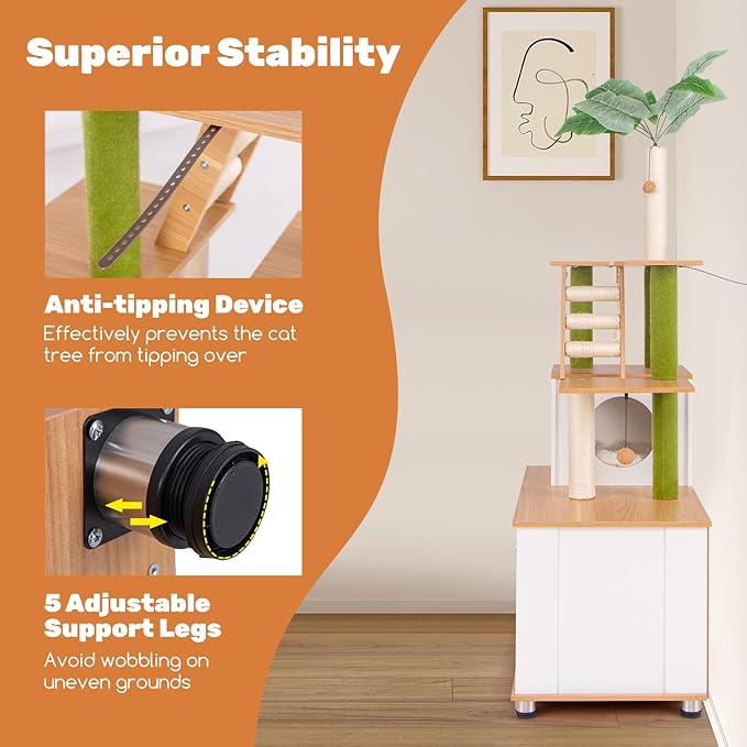 PETSITE Cat Tree with Litter Box Enclosure, Multi-Level Modern Cat Tree Tower with Sisal Scratching Posts, Cat Condo, Ladder, Dangling Balls, Interactive Sisal Rope, and Hidden Litter Box