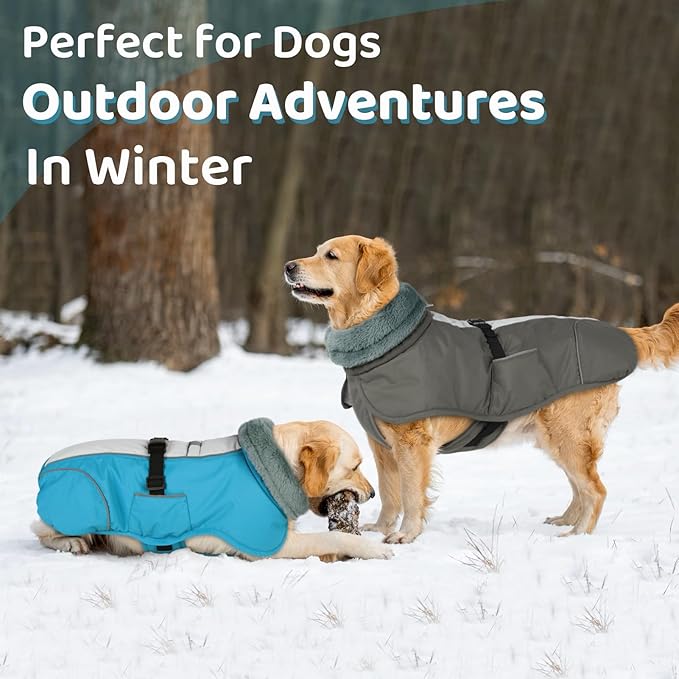 Queenmore Dog Cold Weather Coats, Fleece Collar Pet Apparel for Cold Weather, Dog Snowsuit, Cozy Winter Dogs Jackets Winter with Quick Release, Grey, XXL
