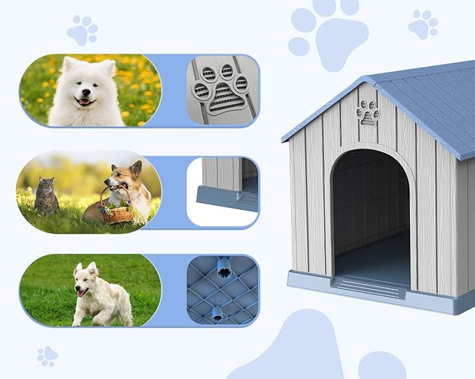 EasyUp Dog House Outdoor Indoor,Dog Kennel Weatherproof Resin Shelter with Air Vents and Elevated Floor for Small Medium Large Dogs,Easy Clean and Assemble(38.62 * 36.26 * 38.07in,Blue)