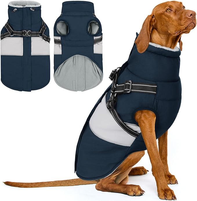 KOESON Dog Coat, Warm Dog Winter Coat for Giant Breeds, Waterproof Dogs Jacket with Harness, Reflective Pet Fleece Lined Puffer Jacket, Turtleneck & Windproof Coats for Great Dane, Golden Retriever