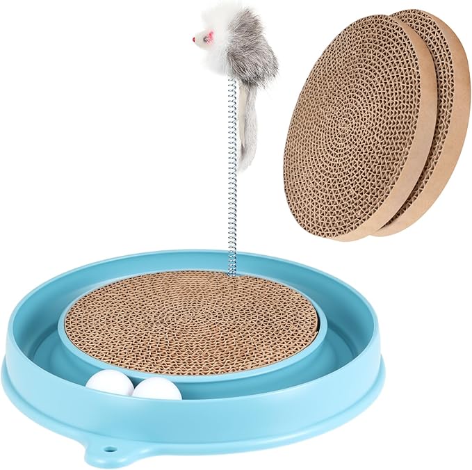 3 Pcs Cat Ball Track Toy, Include 1 Round Cat Scratcher Toy with 2 Cats Scratching Board Pad Replacement, Interactive Toys Track and Plush Mouse Toys for Indoor Cats Kitten
