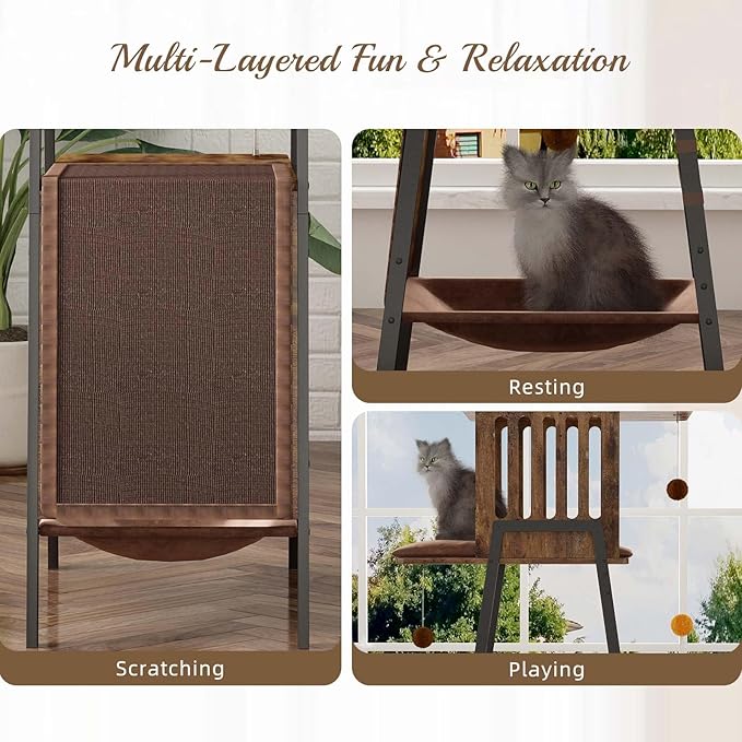 58-Inch Outdoor Cat Tower Metal, Large Cat Tower Platform, Modern Cats Tree with Scratching Board & Removable Pads, Cats Furniture for Indoor Cats, Large Perch Hammock