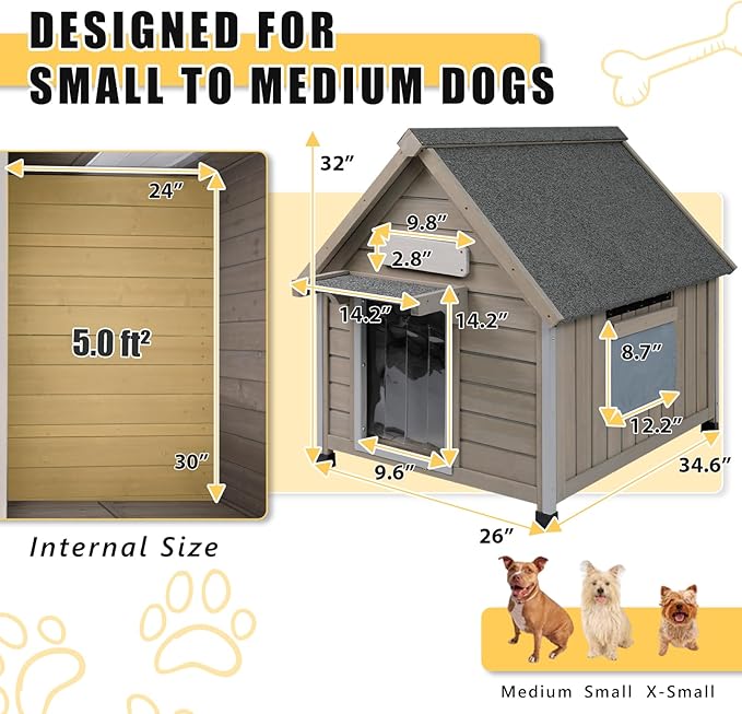 Small Dog House Indoor, Wooden Outdoor Dog House with Waterproof Roof, Chew-Proof Iron Frame, Doghouse Kennel Puppy Shelter for Small Medium Dogs,26" L x 34.6" W x 32" H