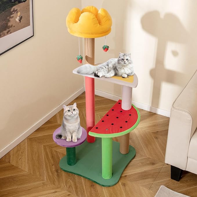 Tangkula Fruit Cat Tree, Multi-Level Cute Cat Tower with Scratching Posts, Padded Top Perch, Strawberry Dangling Balls, Watermelon & Lemon Shaped Platform, Chic Cat Tree for Indoor Cats