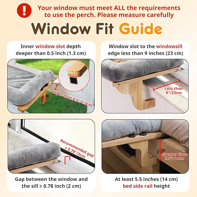 [Ready to Gift] PURRHOUSE 45LBS Cat Window Perch with Bolster, Hammock Seat with Plywood & Metal Frame, Cat Bed for Windowsill, Bedside and Cabinet (Natural Wood & Brown Cushion, 24.8''W x 9.4''H)