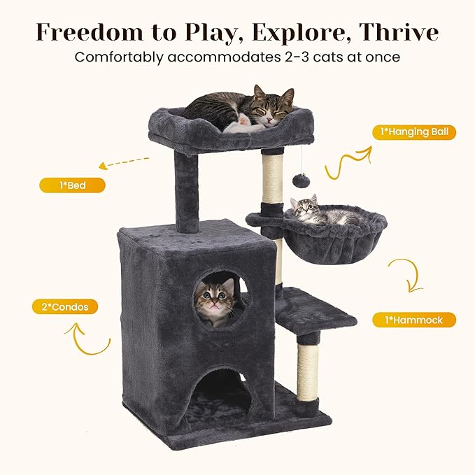 Medium Cat Tree with Scratching Posts, Cat Bed, Hammocks & Condos – Multi-Level Cat Tower for Playful Cats, 36" Modern Jungle Gym, Dark Grey