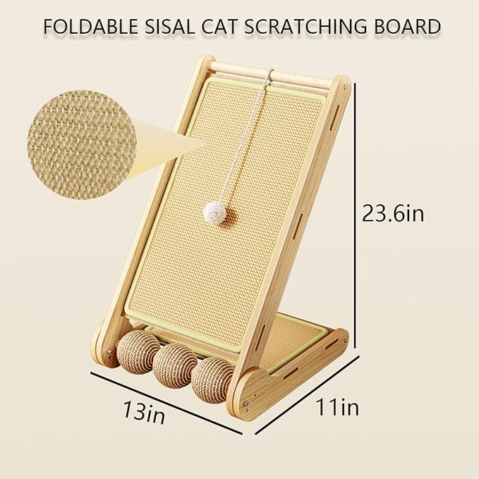 L-Shaped Sisal Cat Scratcher for Indoor Cats,23.6in Vertical Ramp Foldable Scratching Post with Interactive Toy Balls,Natural Sisal Pad Cat Scratching Board for Wall/Couch Furniture Protector