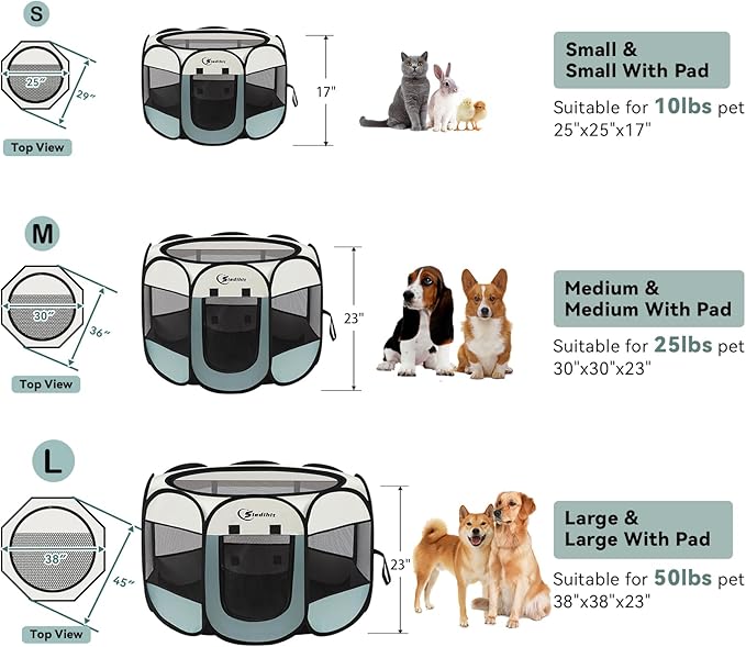 Dog Playpen, Puppy Pet Playpen, Medium Dogs Tent Crates Cage Indoor/Outdoor, Portable Pop Up Dog Kennel Playpen with Carrying Case for Dogs/Cats/Rabbits, Removable Zipper Top, Grey