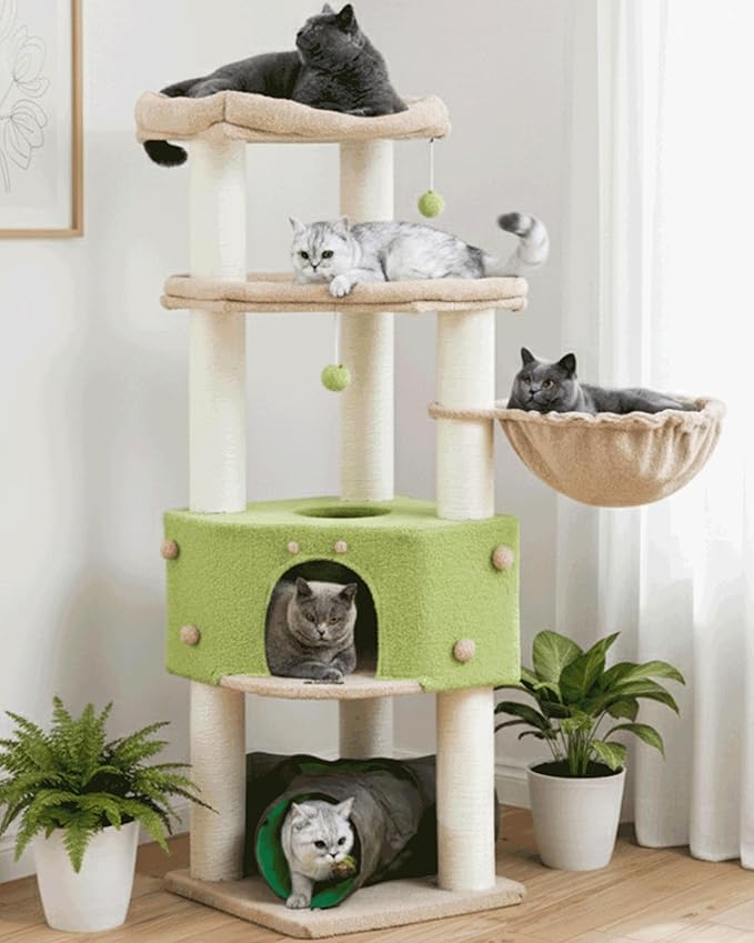 Heavy Duty Cat Tree for Large Cats Adult - 60 Inch XXL Sturdy Cat Tower Condo with Extra Wide Scratching Posts (φ4.4in) Big Cat House Hammock Perch - Indoor Wood Modern Multi Level Corner Cat Bed