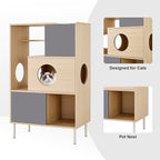 2 in 1 Modern Cat Tree Bookshelf with Storage, Wood Bookcase with Litter Box Enclosure, Cat Climbing Shelves with Hidden Storage, Natural+Grey