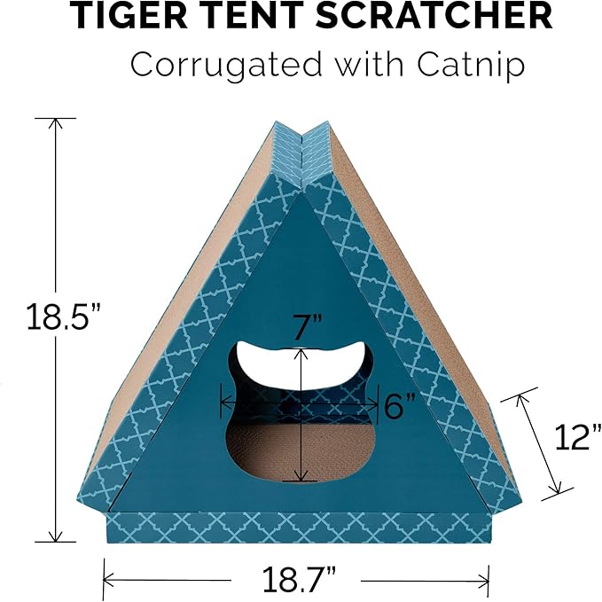 Furhaven Cardboard Hideout w/ Catnip for Indoor Cats, Ft. Scratching Pads - Tiger Tent Corrugated Cat Scratcher Hideout - Teal, One Size