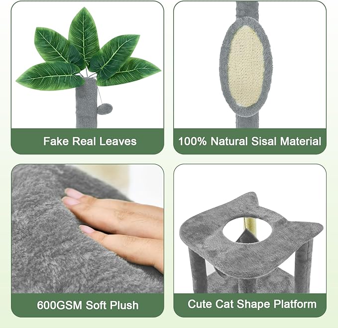 61" Large Cat Tree Tower for Indoor Cats with DIY Green Leaves Scratching Post Multi Soft Hang Ball Plush Cat House Furniture 360° Rotating Cat Scratch Board with Hammock, Square Grey