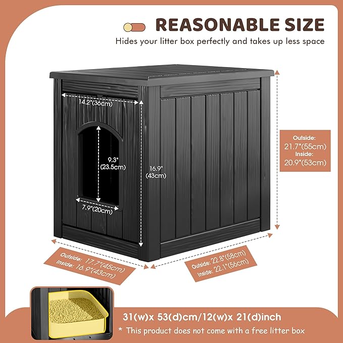 KAMABOKO Outdoor Cat House, Weatherproof PP Plastic Cat Shelter for Indoor & Outdoor Use, Durable All-Season Pet House for Feral & Stray Cats, Black