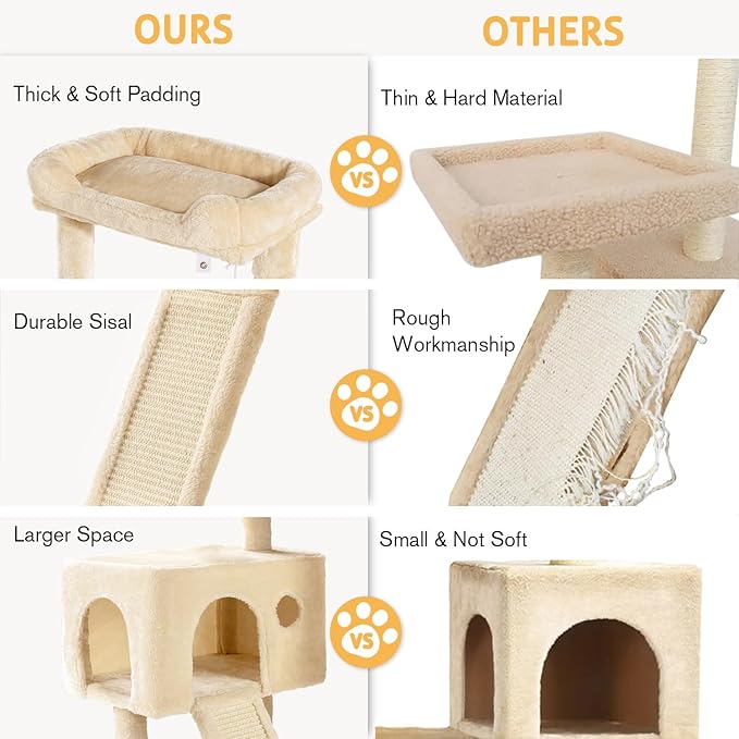 SHA CERLIN Cat Tree 36 Inches Cat Tower with Hammock, Sisal Scratching Post for Indoor Kittens, Small Room, Beige