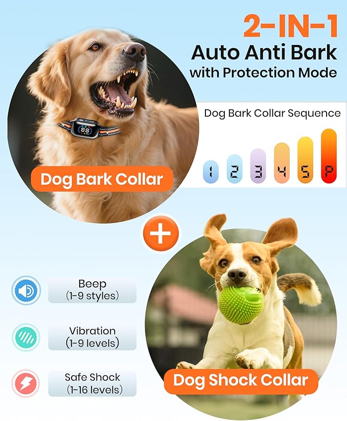 2-in-1 Bark & Shock Collar - Color Screen Dog Training Collar with Beep/Vibration/Shock/Anti Bark 4 Modes, 3300FT E Collar with Remote for Small to Large Dogs (8-120lbs), IP67 Waterproof Rechargeable