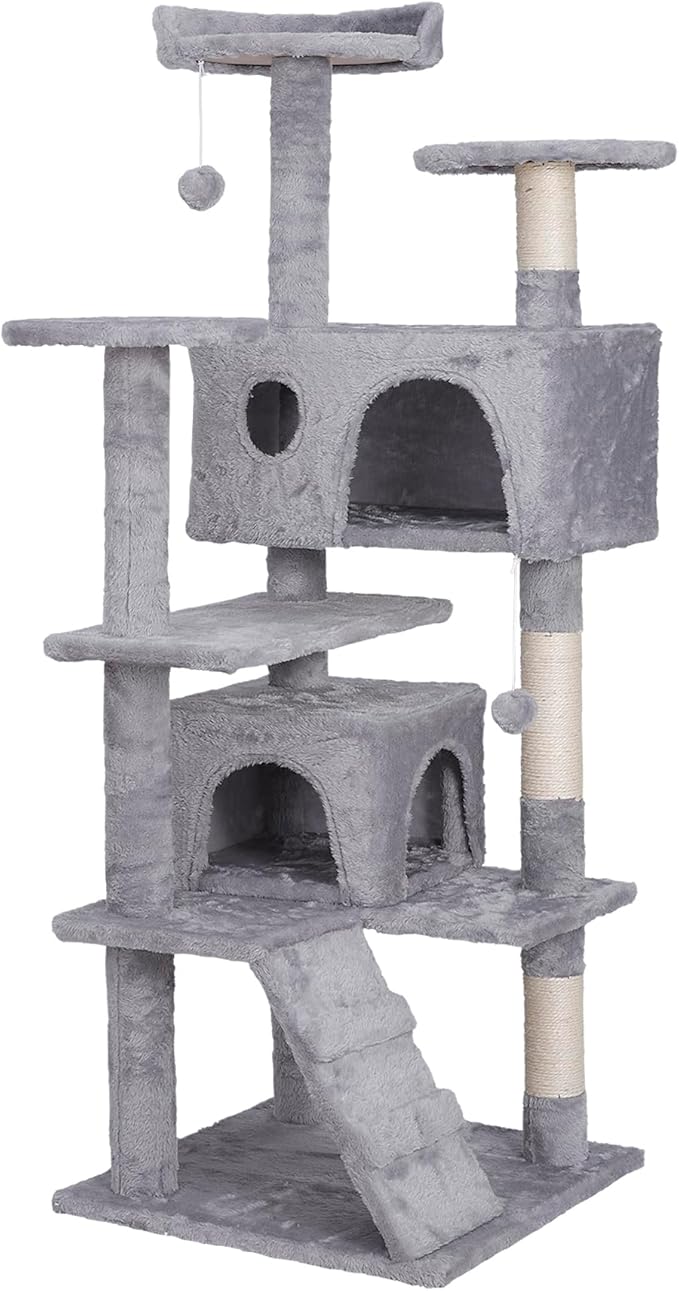55 inches Heavy Duty Multi-Level Cat Tree Tower with Condo Furniture & Scratching Posts for Kittens Play Rest (Light Grey)