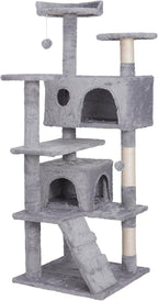 Multi-Level Cat Tree Tower with Condos, 54" Tall Cat Activity Center with Plush Perches and Toys, Space Saving Pet Playhouse for Kittens and Cats (Light Grey)