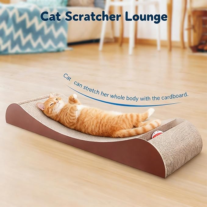 Simple Delxue Cat Scratcher Cardboard Lounge Bed with Bell Ball Toy, 30 Inches Large Horizontal Cat Scratcher Pad, 100% Recyclable & Reversible Durable Cardboard Scratching Board for Indoor Cats