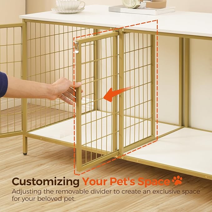 Dog Crate Furniture for 2 Dogs, 43.3" Dog Kennel with Removable Divider, Heavy Sturdy Dog Furniture Style Double Cage for Small Medium Dog, Indoor Pet House End Table, White and Gold