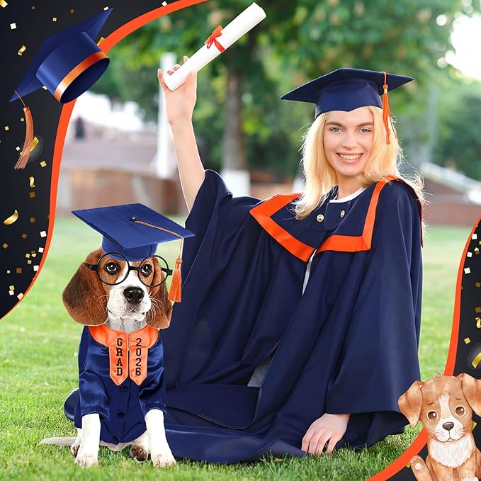 5 Pcs Dog Graduation Costume Set Include 2026 Pet Graduation Gown with Stole Puppy Grad Cap Lensless Glasses DIY Letter Stickers for Dogs Cats Holiday Costume Accessory(Blue Orange,XL)