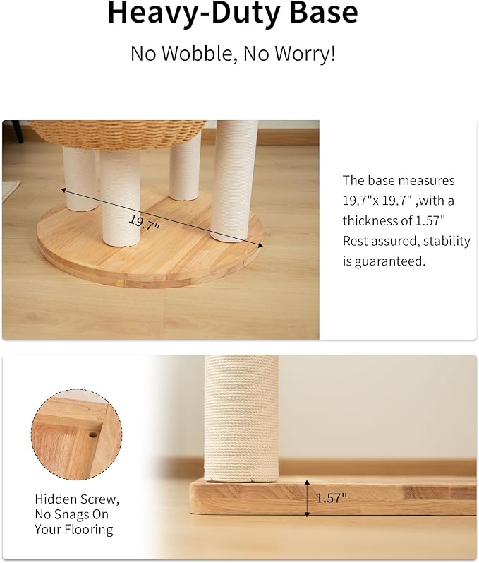 Modern Cat Tree for Large Cats, Wood Cat Tower 3 Condo Perch Heavy DutyBase with Cotton Scratch Post for Indoor Big Cats (90755)