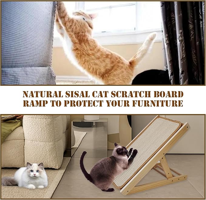 Sisal Cat Scratcher Ramp,Tilted Natural Wood Vertical Scratcher Pad for Cats with Sisal Scratching Board Durable Adjustable Height Pet Scratching Pads for Indoor Dogs Kitten Holding up to 80LBS